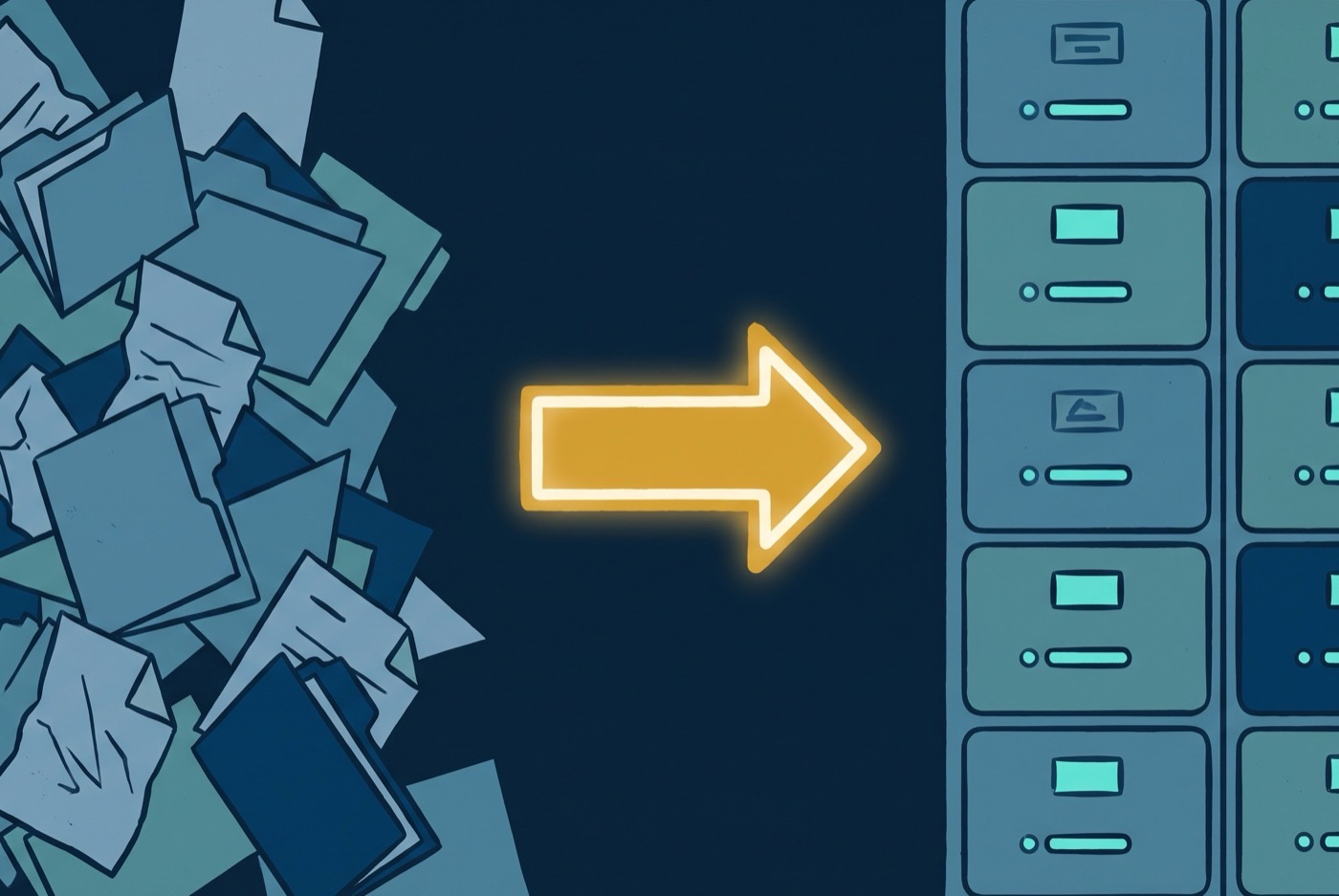 Poster: scattered files becoming ordered drawers