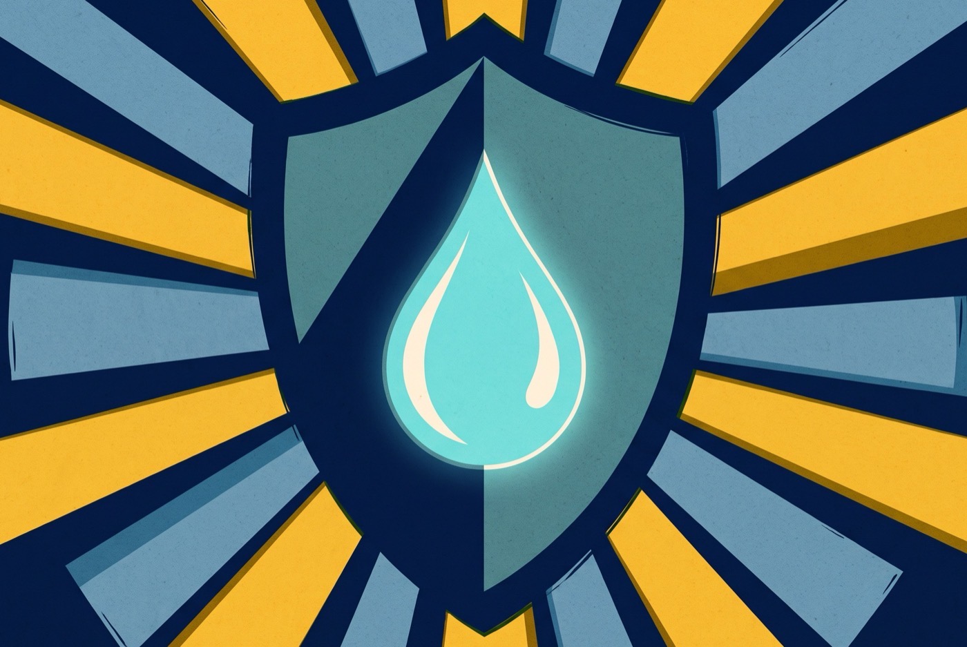 Poster: shield with a water drop and sun rays