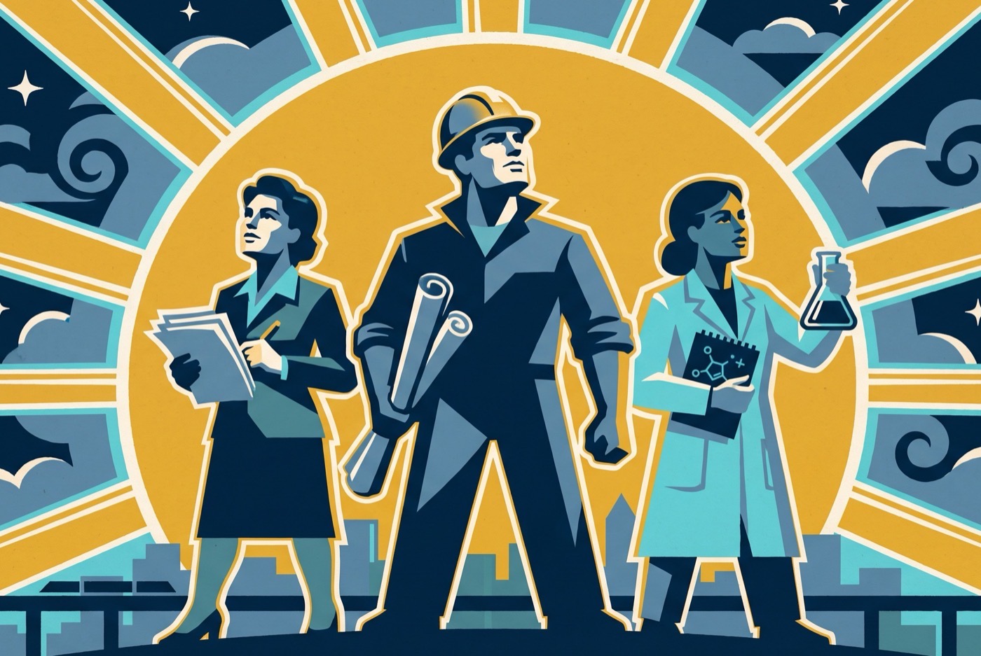 Poster: three public workers before a rising sun