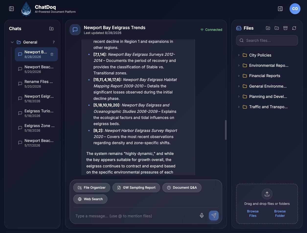 ChatDoq in dark mode with cited report bullets