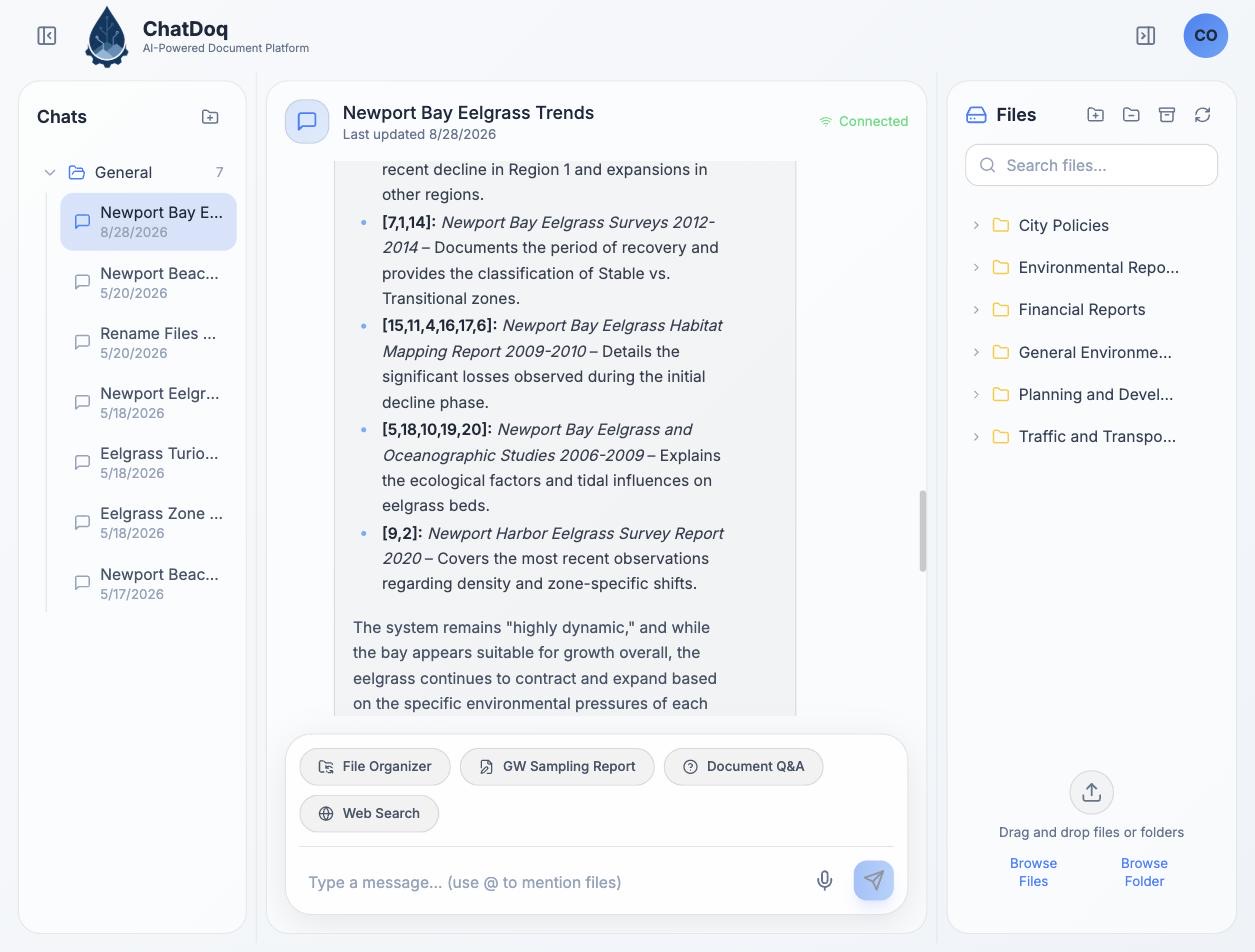 ChatDoq three-pane workspace: chats, cited analysis, and organized agency files